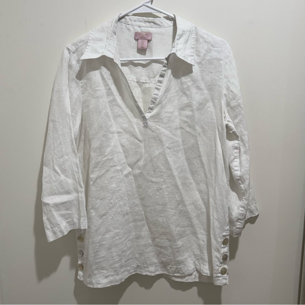 ST. TROPEZ West 100%‎ Linen White Tunic Blouse Size S